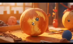 an orange decorated like a face sitting in the center of a table