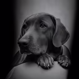 black and white photograph of a dog with his paws on a pillow
