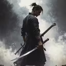 a man dressed in black holding two swords