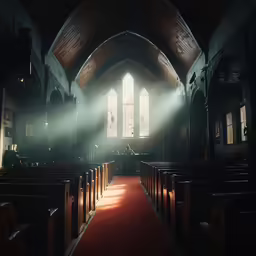 a church with a red carpet and sunlight streaming through the windows