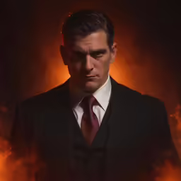 a man in a suit standing in front of flames