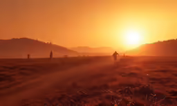 a person standing in a field while the sun is setting