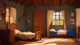 two beds sitting inside of a bedroom under windows,the bedroom is decorated in blue and brown