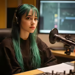 a woman with long green hair wearing headphones is sitting in front of a microphone