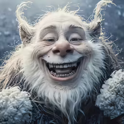 a smiling troll in snow is surrounded by fur