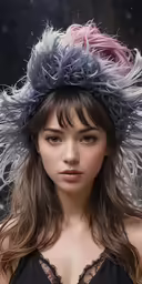 a young woman wearing a head dress and a feathered hat