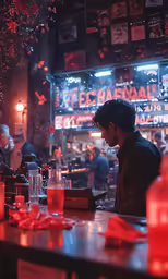 a man sits at a table looking down and the bar is filled with beer