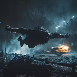a woman is seen floating in the air over debris