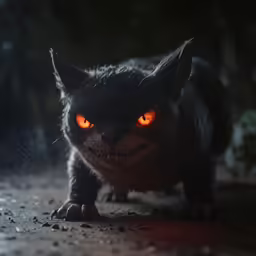 a small black cat with glowing orange eyes