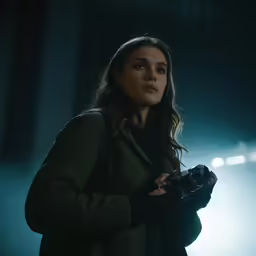 a beautiful young woman holding a camera in her hands