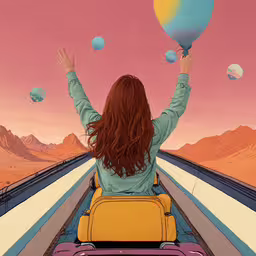 woman in green and yellow jacket sitting on roller coaster,the woman is in a car with balloons floating from her head