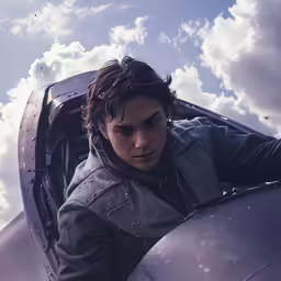 a boy sitting in a gray vehicle looking into the distance