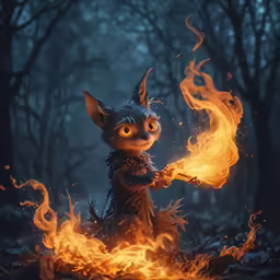 a painting of a weird cat holding onto something fire