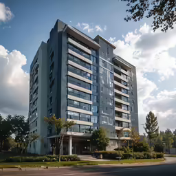 a very large office building on the corner of a road