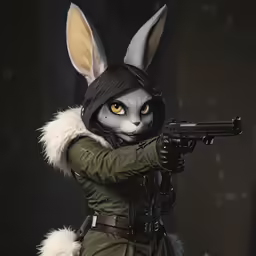 a statue holding an ak rifle in a gun - sling outfit