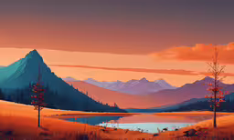 this is an image of a sunset over a mountain,colorful painting of some mountains and trees