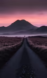 a road with the sun setting on the horizon