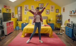 girl in plaid shirt jumping into the air