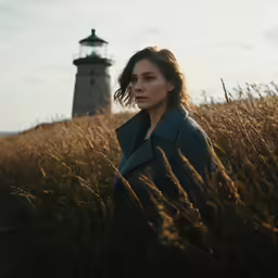 a beautiful young woman posing in front of a lighthouse