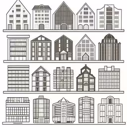 a drawing shows the various types of buildings and their surroundings,the different kinds of house in this drawing