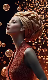 an illustration shows a young woman wearing a gold head scarf over her head