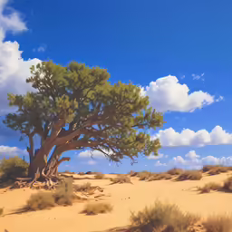 a tree sitting in the middle of some sand