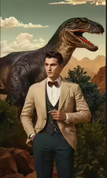 a man in a suit poses next to a dinosaur