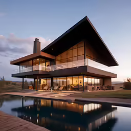 a modern house with its pool and a patio area