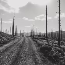 a black and white image of a dirt road surrounded by forest