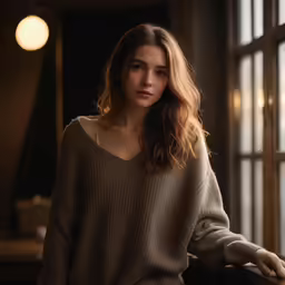 the young lady sits in a chair with her hands on her hips and looks to the side
