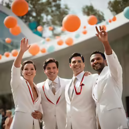four young people in white suits and ties waving