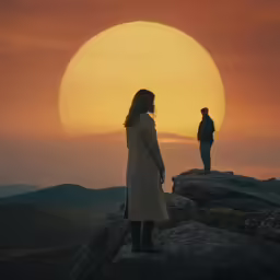 a woman stands with a mans hand on top of the mountain looking at the sun