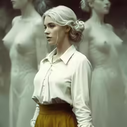 woman in front of mannequins with ear phones