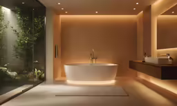 modern bathroom with lighted lighting and a free standing tub