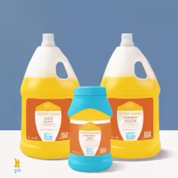 the jugs of dishwasher detergent are lined up