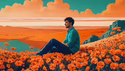 a man sitting on a mountain with flowers,man sitting in large field of orange flowers