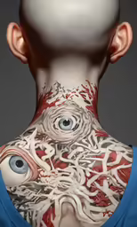 the back of a man with an image of some kind of human being