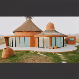 an unusual building in the middle of a grassy field