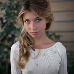 a young girl looks pensively with a serious look,a girl posing for a picture in front of a house
