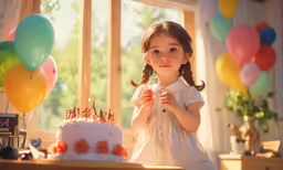 a young girl standing at the table by a birthday cake