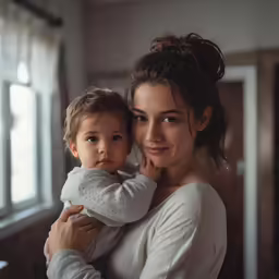woman in white shirt holding child by window