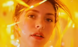 woman standing under yellow lights while staring into camera