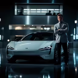 a man in a business suit standing beside a car