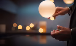 a person standing in front of a table holding a white light