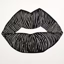 a close up of an ink drawing of a black lips,a black and white drawing of a black, striped, lips