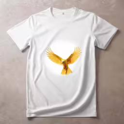 the back of a white tee shirt with a yellow bird in flight