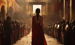 the lady in red is walking through a group