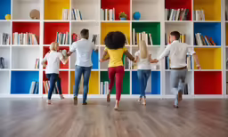 four people standing in front of colorful shelves