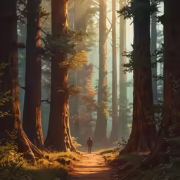 a man hiking through the woods towards the sun in the distance
