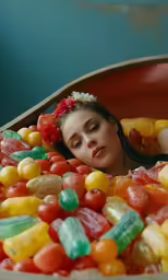 a woman is lying in a bowl with a flower wreath over her head